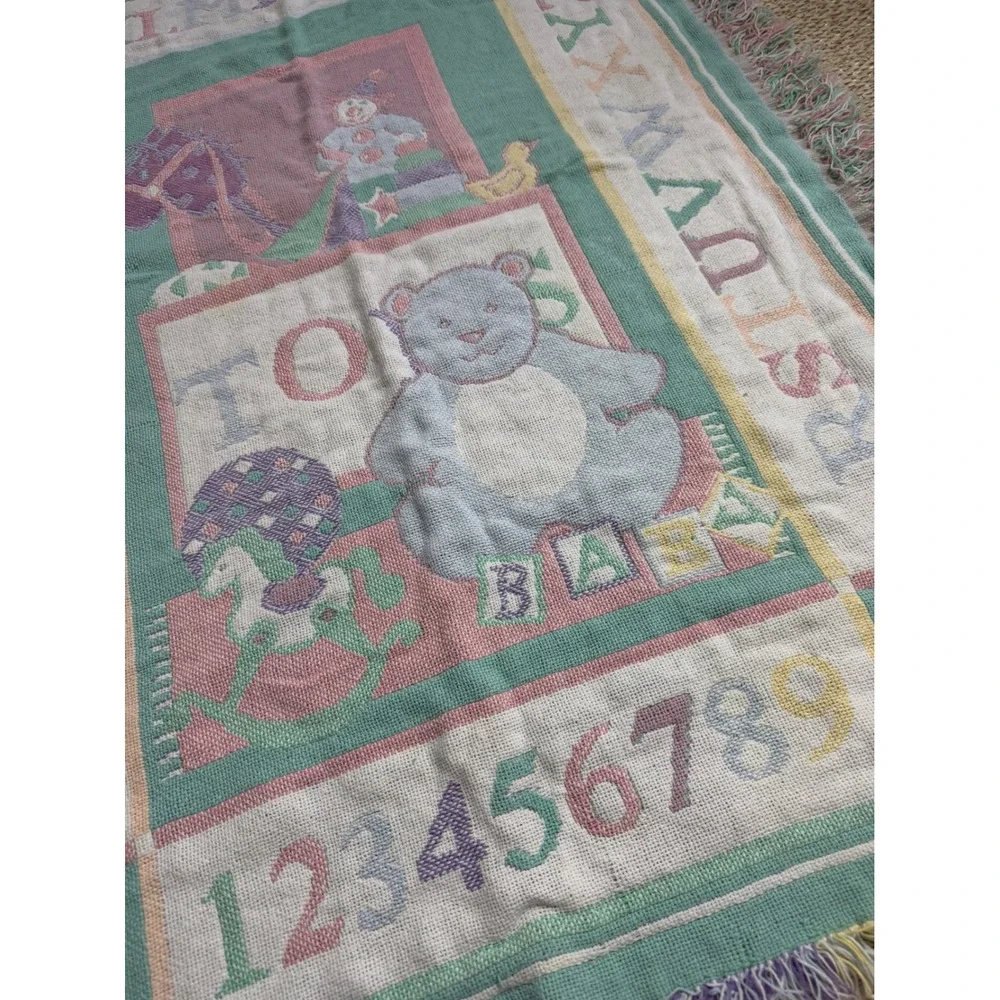 Vintage ABC Alphabet Numbers Teddy Bear Woven Tapestry Throw Blanket Pastel baby